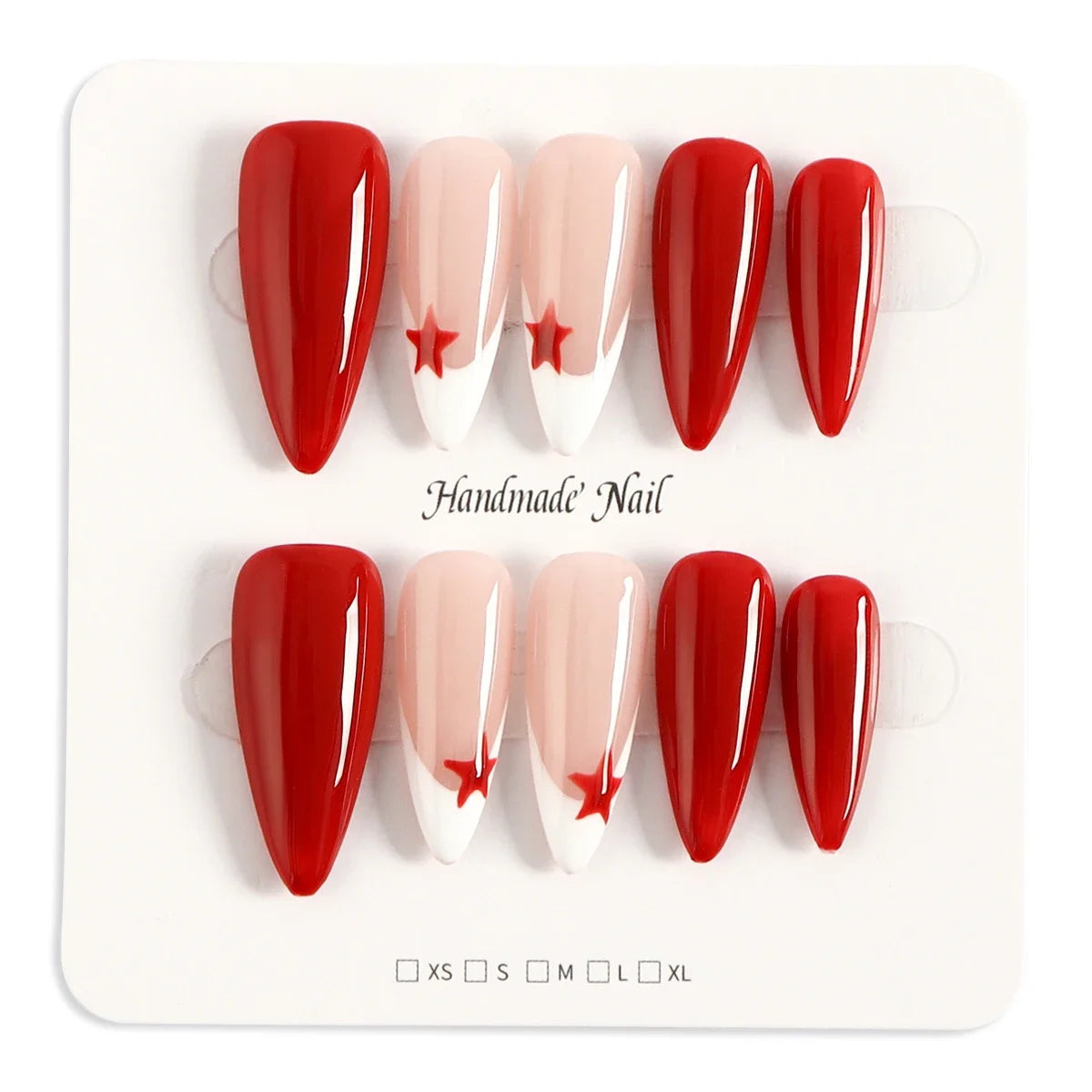 TEEK - 10 Red Glossy Hand Painted Star Almond Press On False Nails NAIL ART theteekdotcom M  