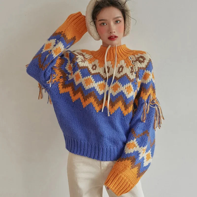 TEEK - Vintage Red Jacquard Fringe Knit Sweaters TOPS theteekdotcom Blue One Size 