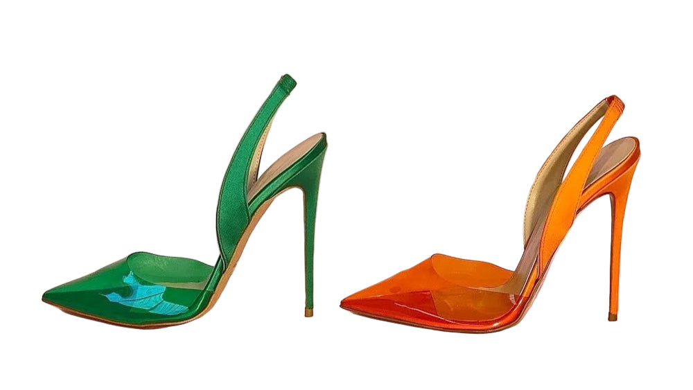TEEK - Surkova Orange Green Transparent PVC High Heel Shoes Elegant Satin Cloth Slingback Wedding Pumps Pointed Toe 12cm 10cm 8cm Heels SHOES TEEK