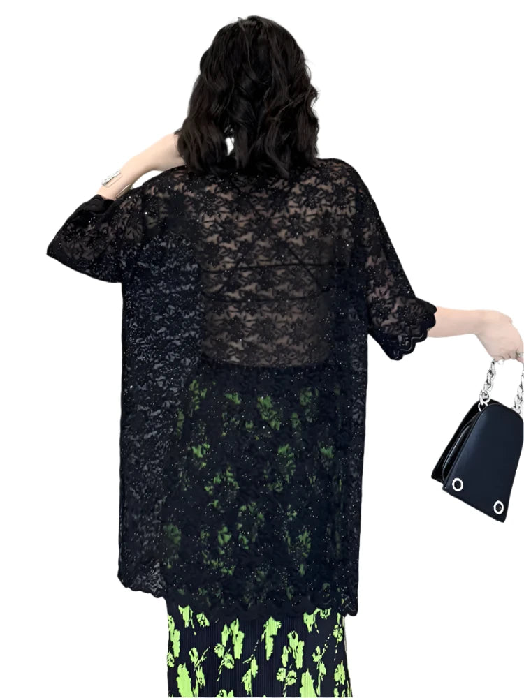 TEEK - Black Lace Perspective Lace Short Sleeve Top TOPS theteekdotcom   