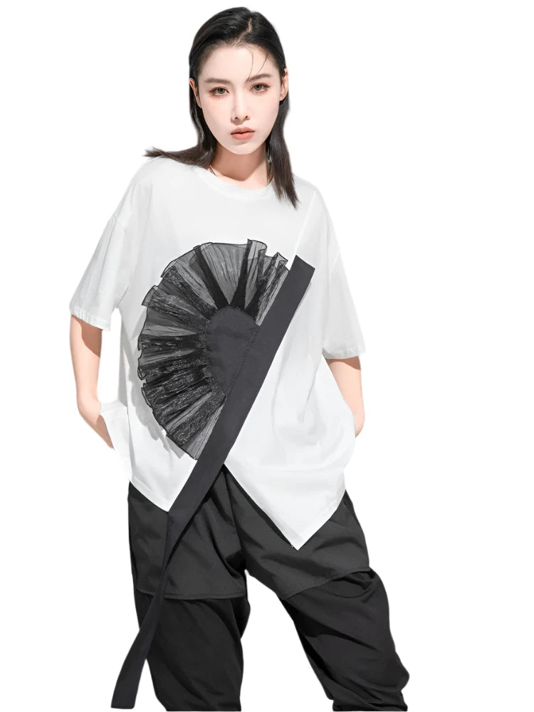 TEEK - Flower Ruffles Ribbon T-shirt TOPS theteekdotcom white black M 