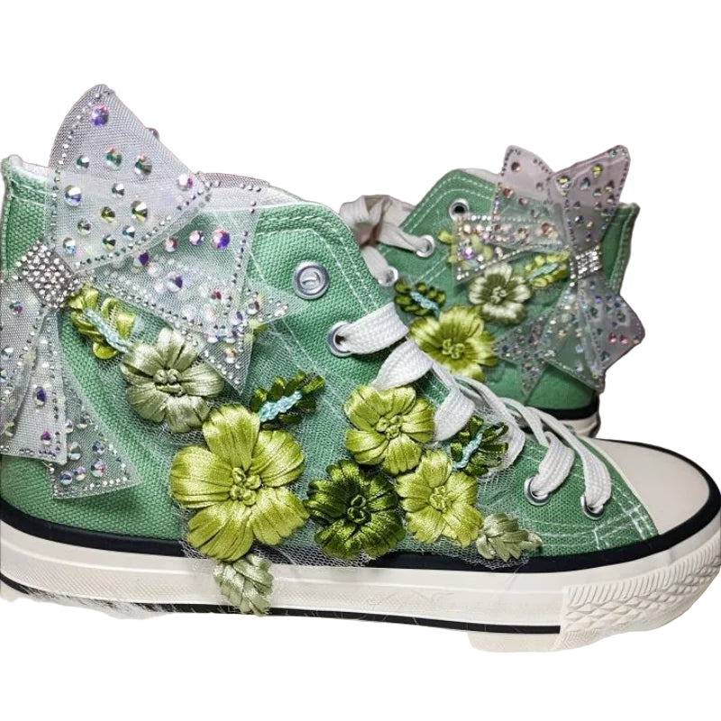 TEEK - High-Top Canvas Green Bow Embroidery Sneakers SHOES theteekdotcom