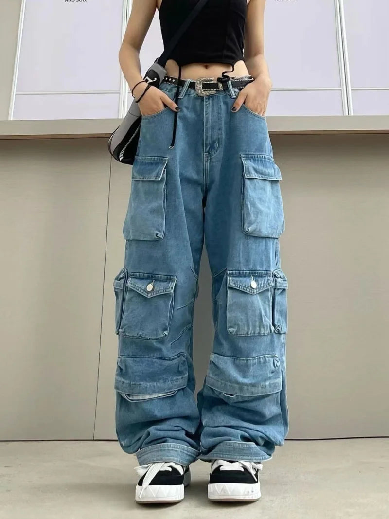 TEEK - Multi-Pocket Cargo Wide Leg Jeans PANTS theteekdotcom Blue S 