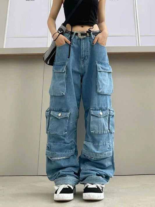 TEEK - Multi-Pocket Cargo Wide Leg Jeans PANTS theteekdotcom Blue S 