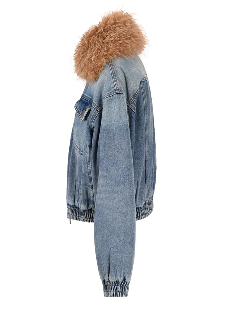 TEEK - Blue Denim Cotton Padded Fluff Lapel Jacket JACKET theteekdotcom   