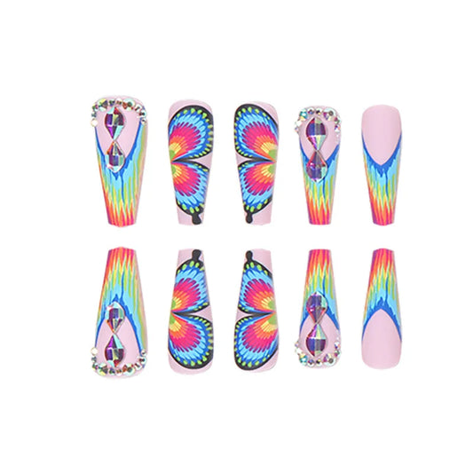 TEEK - 24PC Long Coffin Frosted Rainbow Butterfly Fake Nails NAIL ART theteekdotcom   