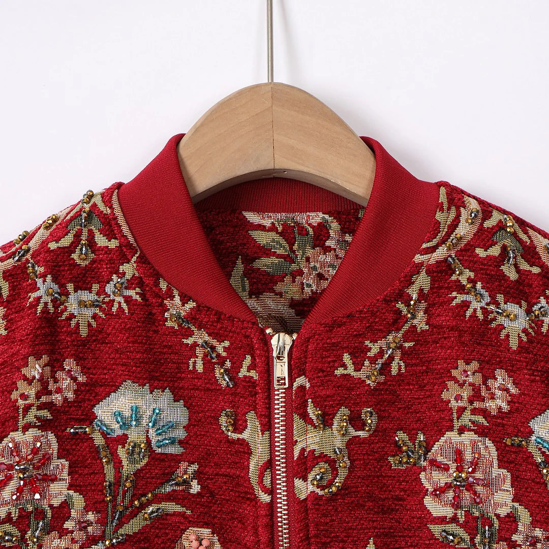 TEEK - Red Jacquard Beaded Embroidery Bomber Jacket