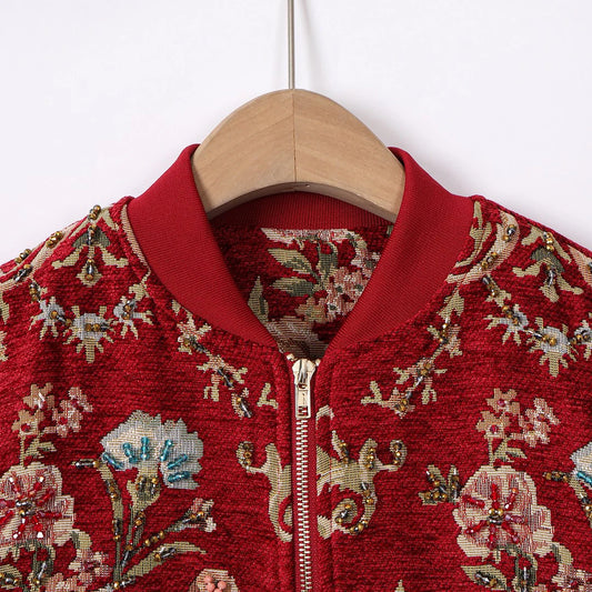 TEEK - Red Jacquard Beaded Embroidery Bomber Jacket