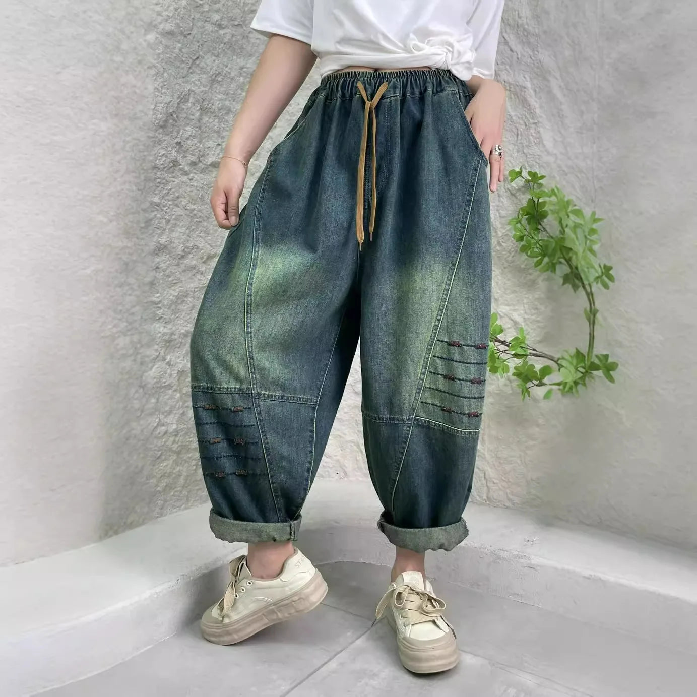 TEEK - Womens Minimalist Distressed Elastic Waist Denim Trousers PANTS theteekdotcom   