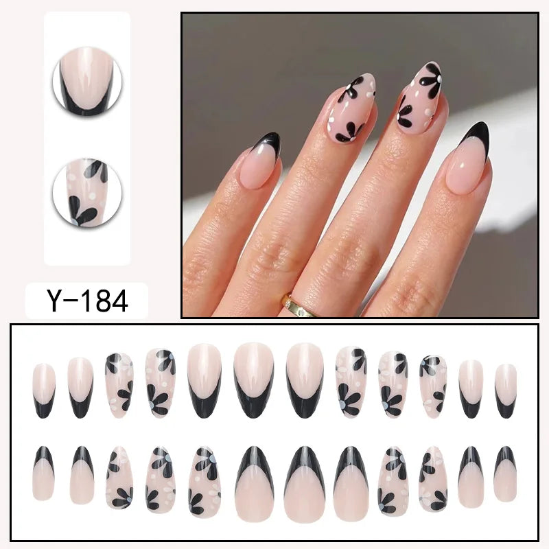 TEEK - 24 Long Almond Black French Petal False Nails NAIL ART theteekdotcom   