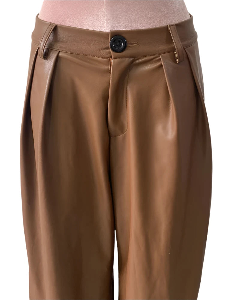 TEEK - Coffee Waterproof Brown Soft Pu Straight Pants PANTS theteekdotcom   