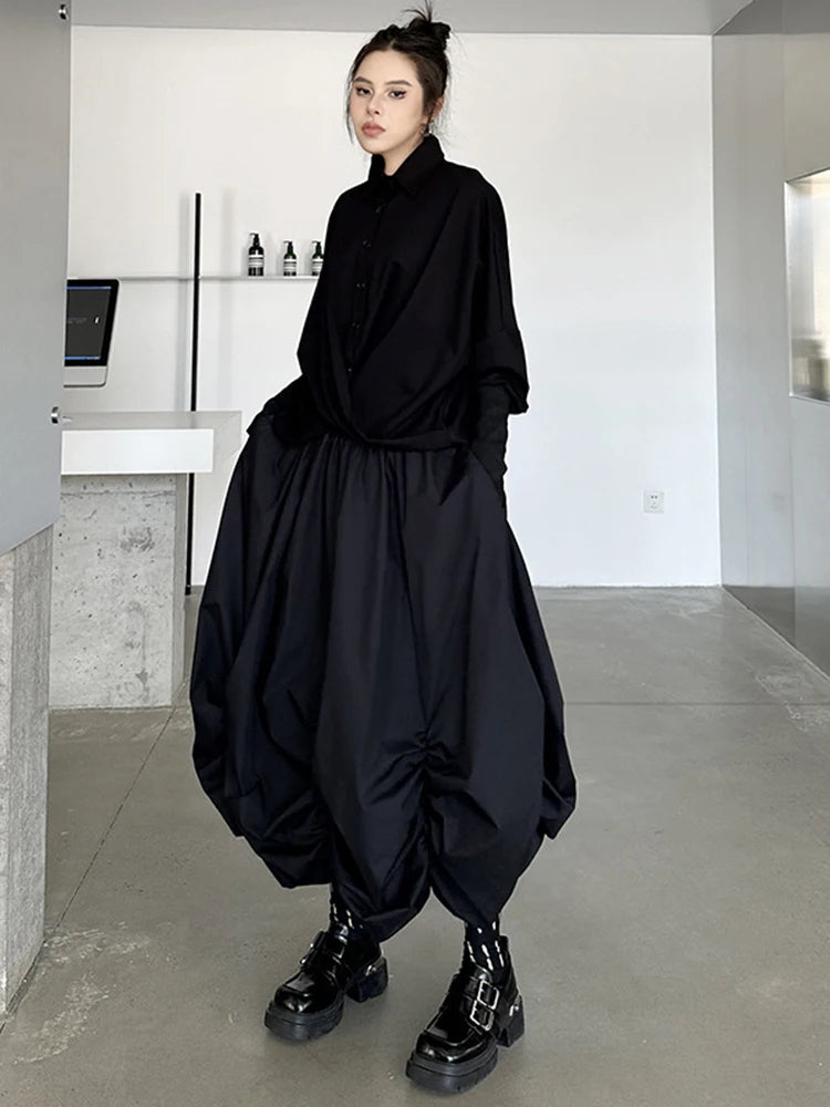 [EAM] High Elastic Waist Black Pleated Irregular Shaped A-line Half-body Skirt Women Fashion Tide New Spring Autumn 2025 1DH9135 TEEK