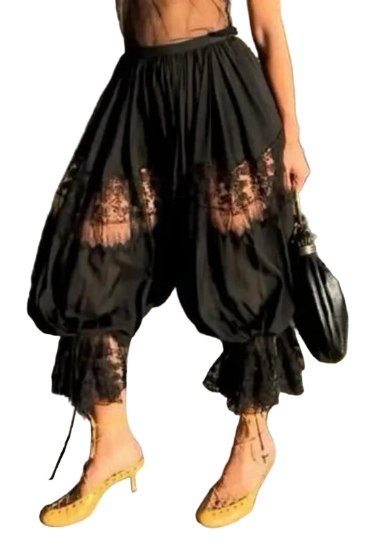 Women Floral Lace Sheer See-through Patchwork Bloomers Casual Loose Drawstring Elastic High Waist Cropped Capri Pants Trousers TEEK