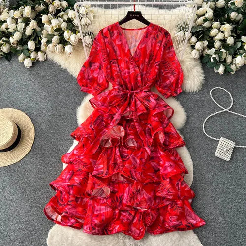 TEEK - Sweet V-Neck Lantern Sleeve Dress DRESS theteekdotcom Red One Size 