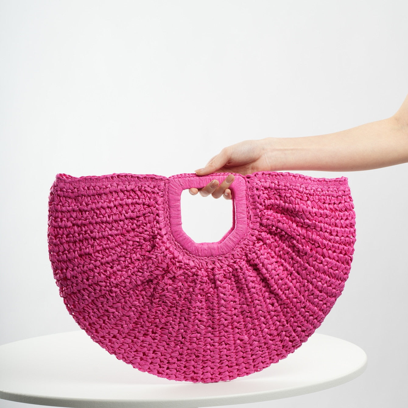 TEEK - Woven Straw Moon Handbag BAG theteekdotcom hot pink  