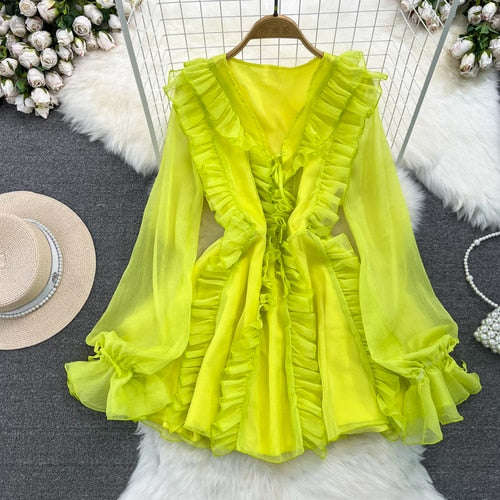TEEK - V-Neck Flare Sheer Sleeve Dress DRESS theteekdotcom Yellow One Size 