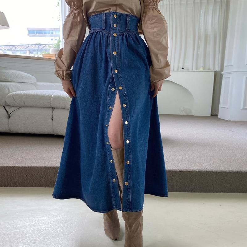 TEEK - High Waist A Line Vintage-Style Denim Skirt Bottom SKIRT theteekdotcom Dark Blue S 
