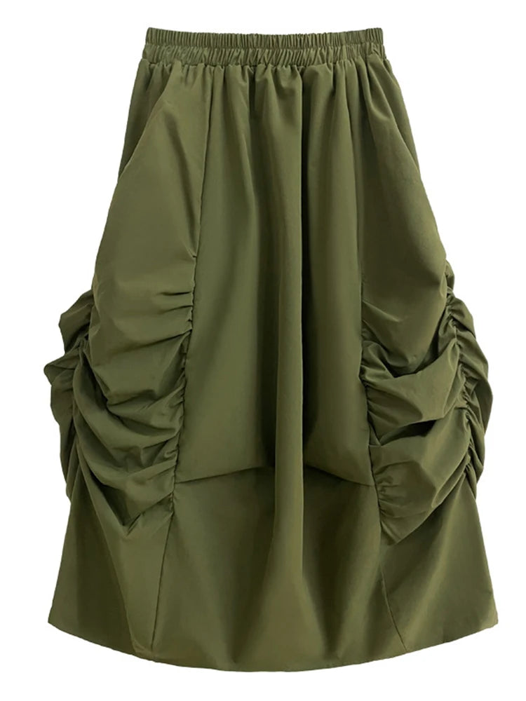 TEEK - Elastic Waist Army Green Pleated Bud Skirt SKIRT theteekdotcom   