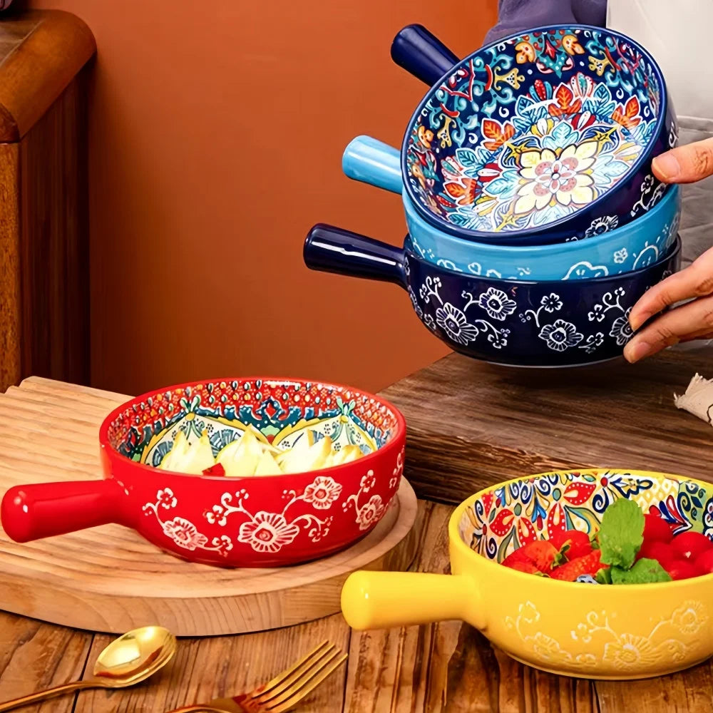 Bohemian Ceramic Hand-Painted Embossed Patterned Salad Bowl with Handle Kitchen Bakeware Microwave & Oven Safe 1 pc TEEK