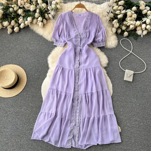 TEEK - Vintage Lace Puff Short Sleeve Dress DRESS theteekdotcom Lavender One Size 