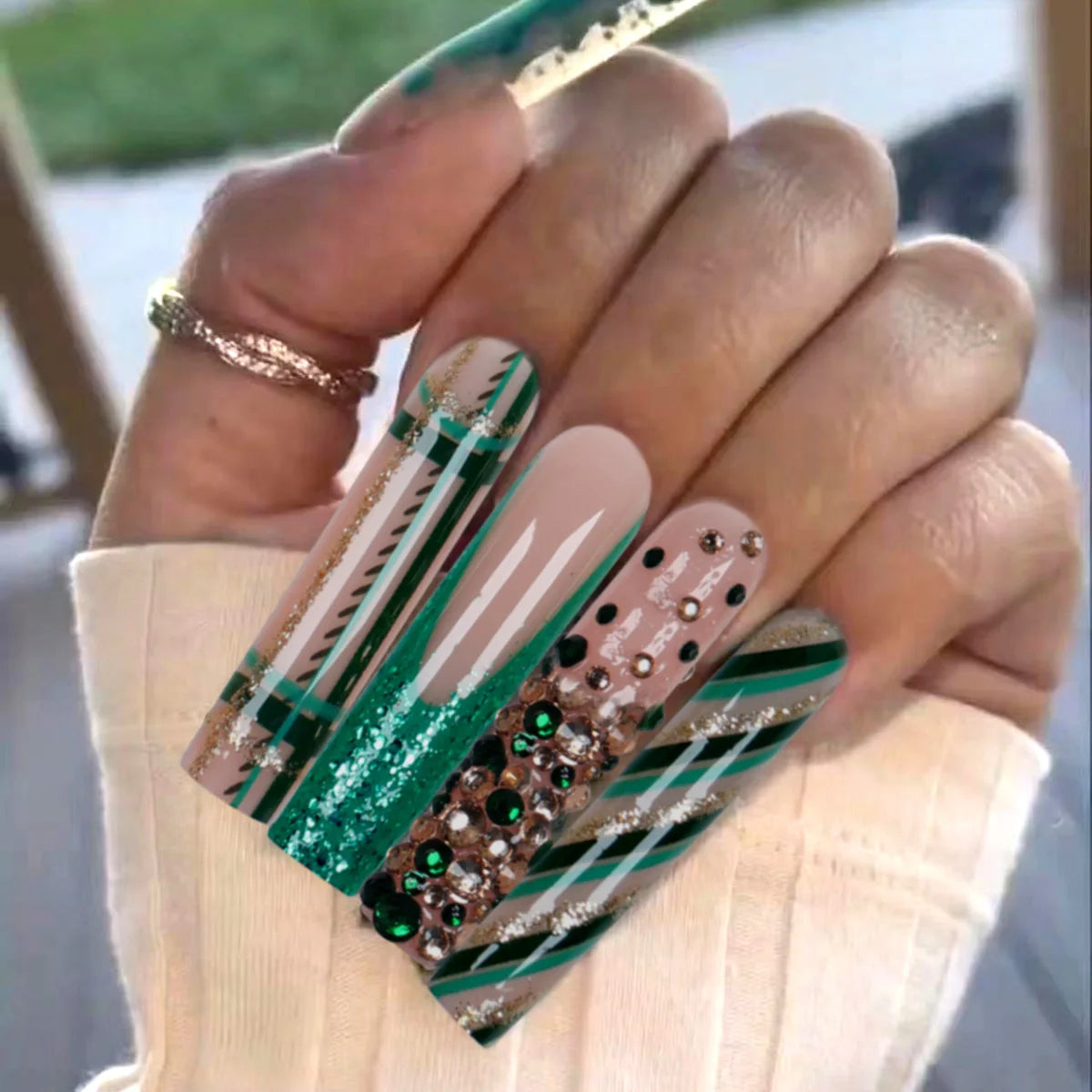 TEEK - 24 Long Coffin Green Plaid Diamond Press-On Nails NAIL ART theteekdotcom   