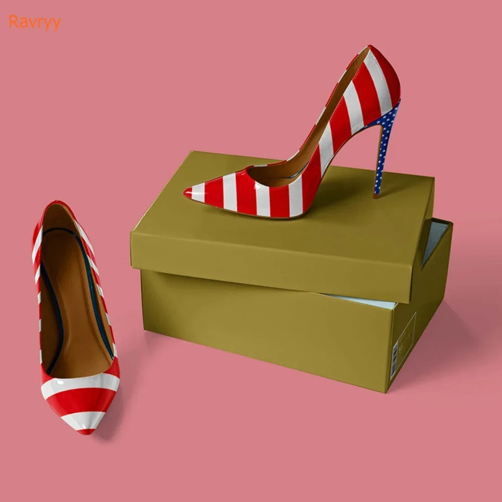 American Flag Prints Thin Heels Shoes Pointed Toe Patent Leather Women Shoes Slip On Pumps Shallow Party Fashion Shoes TEEK