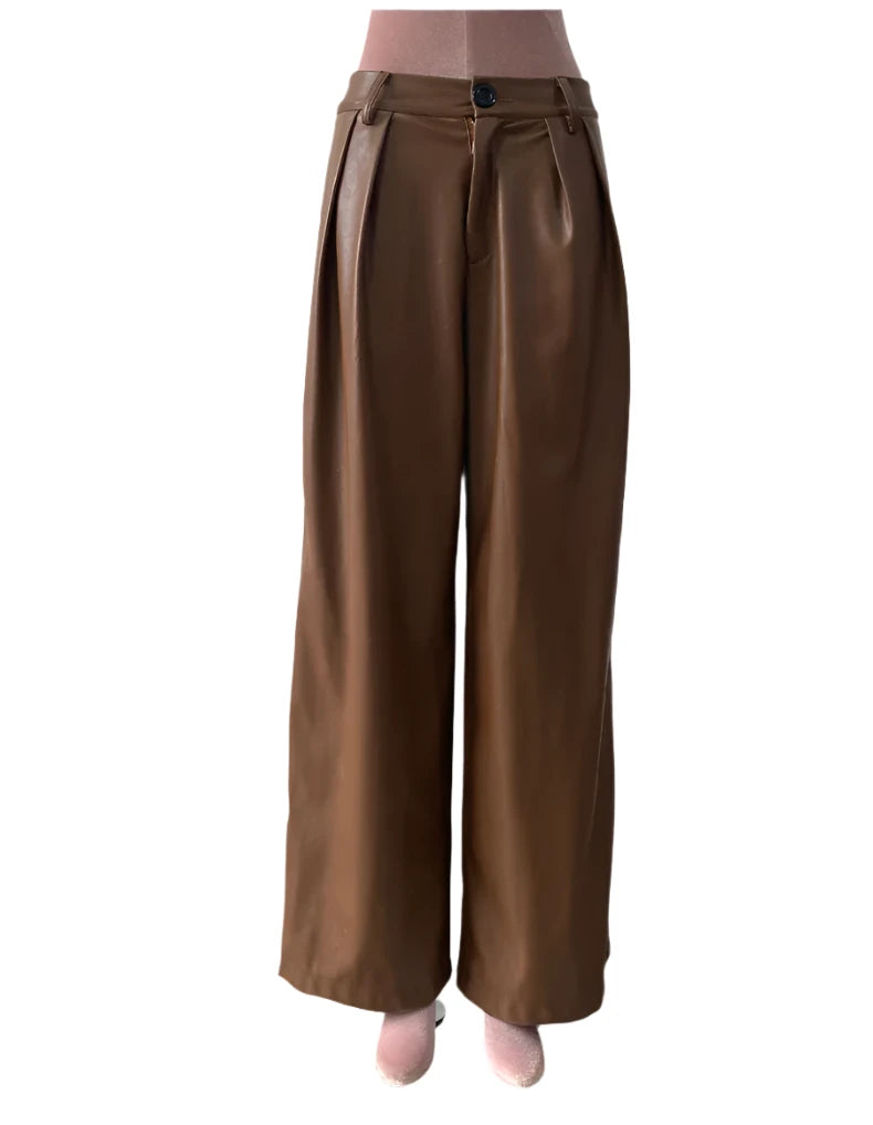 TEEK - Coffee Waterproof Brown Soft Pu Straight Pants PANTS theteekdotcom   