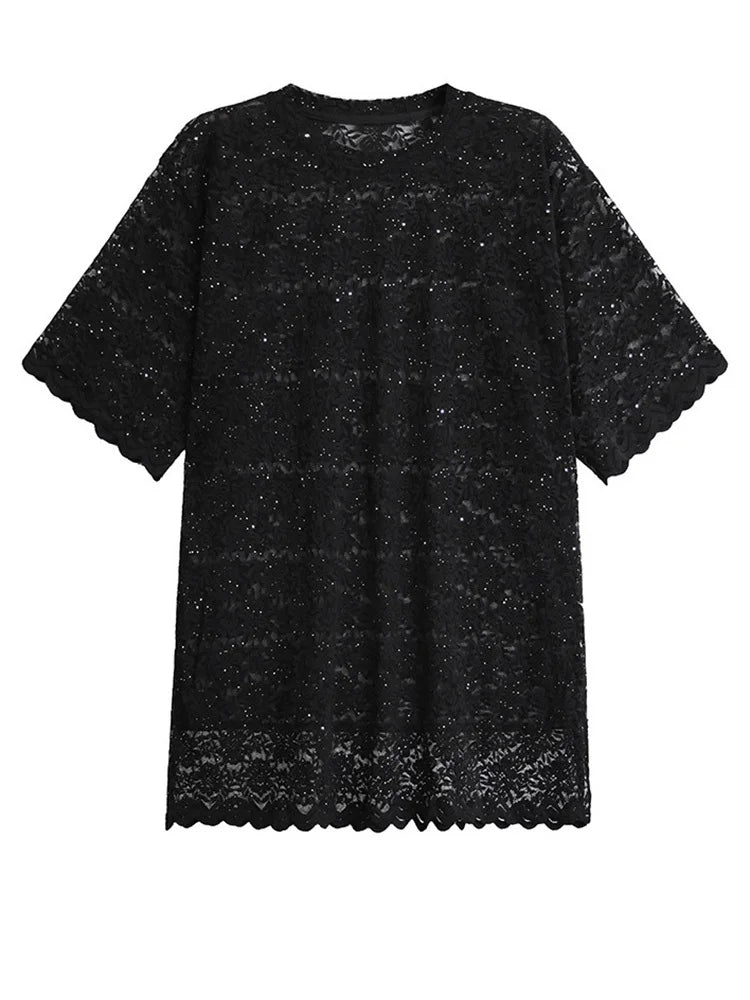 TEEK - Black Lace Perspective Lace Short Sleeve Top TOPS theteekdotcom One Size  