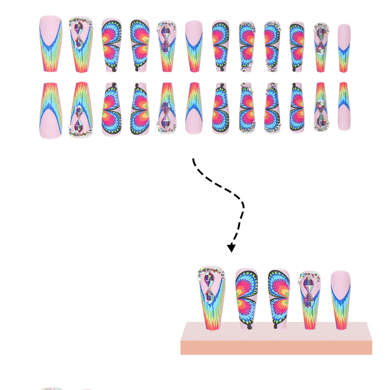 TEEK - 24PC Long Coffin Frosted Rainbow Butterfly Fake Nails NAIL ART theteekdotcom   