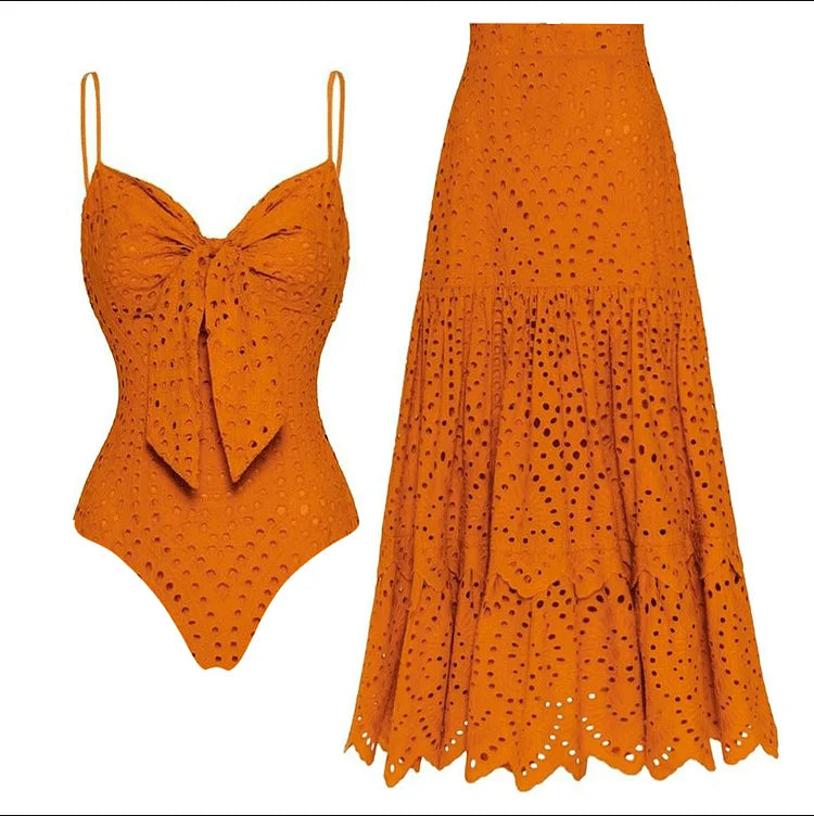 TEEK - Flower Hollow One Piece Swimsuit and Skirt