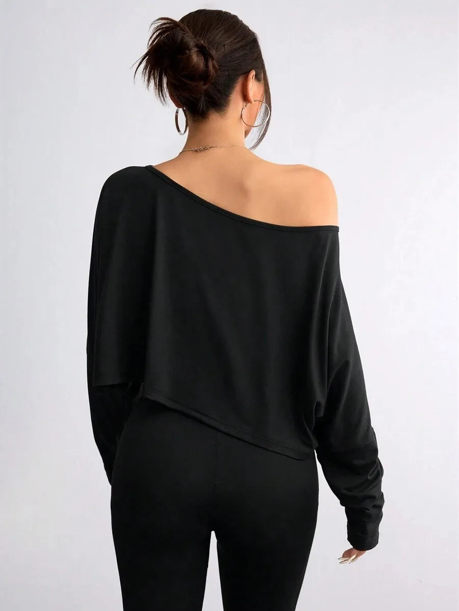 Women'S Black Long Sleeve Blouse T-shirt Casual Asymmetrical Neck Strapless Top for Sporty TEEK