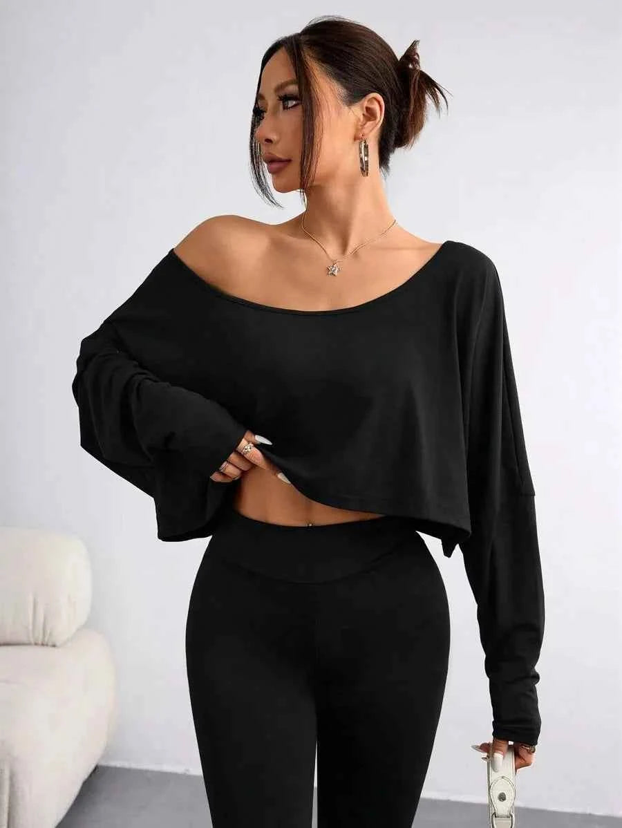 Women'S Black Long Sleeve Blouse T-shirt Casual Asymmetrical Neck Strapless Top for Sporty TEEK
