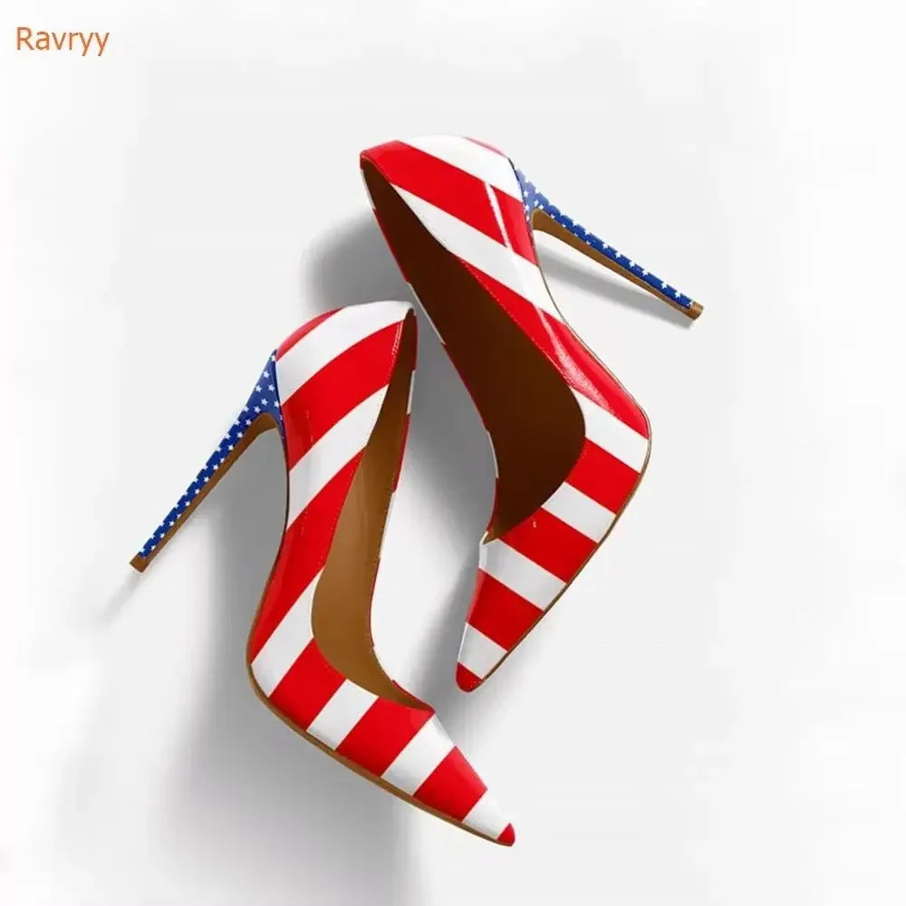 American Flag Prints Thin Heels Shoes Pointed Toe Patent Leather Women Shoes Slip On Pumps Shallow Party Fashion Shoes TEEK 8cm heel 45