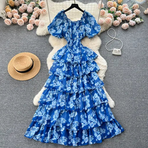 TEEK - Vintage Floral Print Ruffle Dress DRESS theteekdotcom Blue One Size 