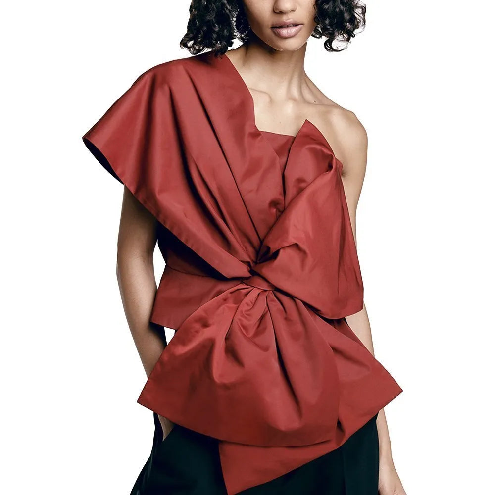 TEEK - Solid Diagonal Collar Sleeveless Bowknot Top TOPS theteekdotcom CRIMSON S