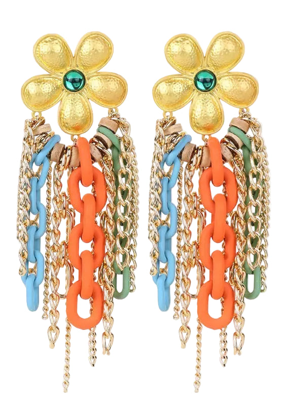 TEEK - Long Flower Light Yellow Gold Chain Earrings JEWELRY theteekdotcom