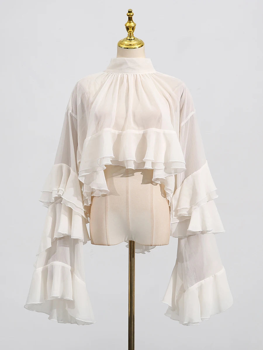 TEEK - Loose Sheer High Neck Long Ruffle Sleeves Blouse TOPS theteekdotcom BEIGE S