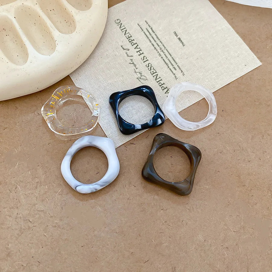 2 Pcs Square Round Irregular Smuding Acrylic Rings for Women Geometric Candy Color Sweet Resin Index Finger Ring Jewelry Sets F TEEK Style7