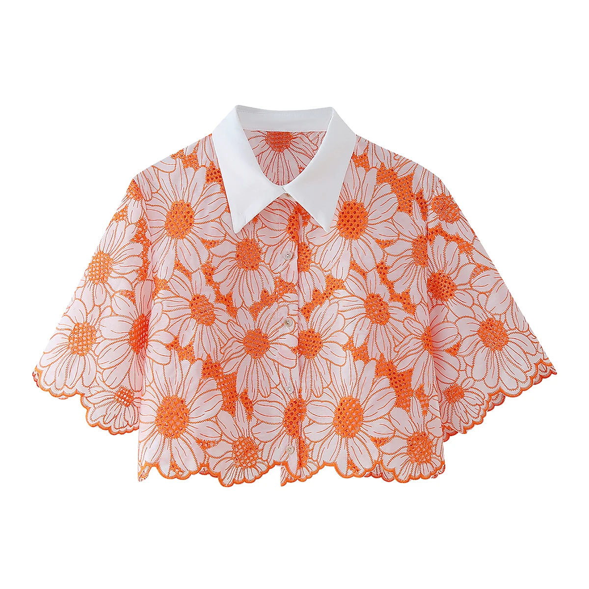 TEEK - Orange Daisy Embroidery Crop Shirt TOPS theteekdotcom M  