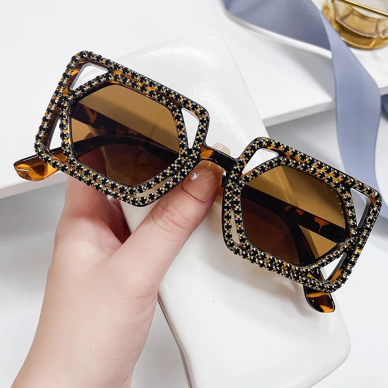 TEEK - Square Lux Double Down Diamond Sunglasses EYEGLASSES theteekdotcom C1 Leopard-Brown  