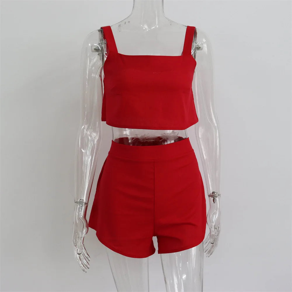 TEEK - Square Collar Tank Vest Shorts Set SET theteekdotcom red M 