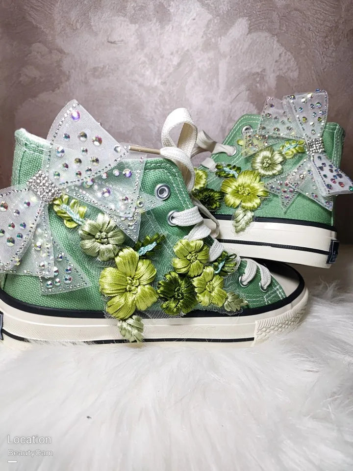 TEEK - High-Top Canvas Green Bow Embroidery Sneakers SHOES theteekdotcom 11