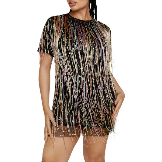 TEEK - Plus Size Multicolor Fringe Mesh Short Sleeves Dress DRESS theteekdotcom