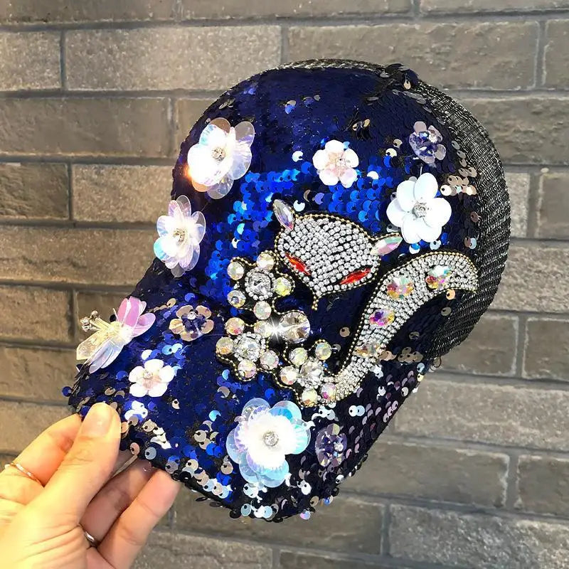 TEEK - Diamond Sequin Fox Baseball Cap HAT theteekdotcom sapphire blue 2 56-58cm/22-22.8in 