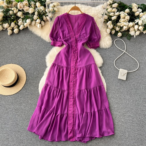 TEEK - Vintage Lace Puff Short Sleeve Dress DRESS theteekdotcom Fuchsia One Size 