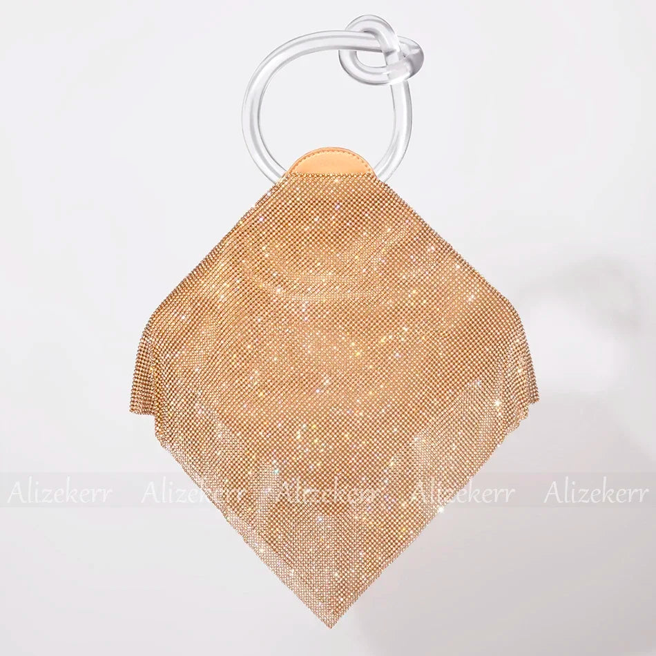 TEEK - Knotted Handle Rhinestone Evening Crystal Clutch BAG theteekdotcom Clear Handle Gold  