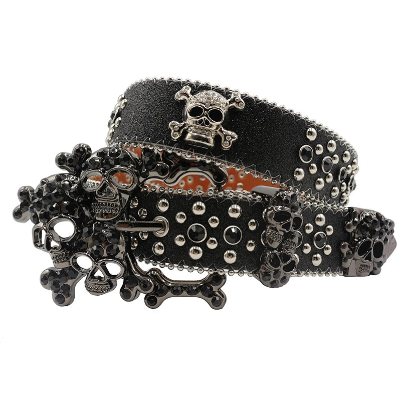 TEEK - Skull Bones Rhinestones Studded Belts BELT theteekdotcom BIGKLT-Shiny black 115cm/45.28in 