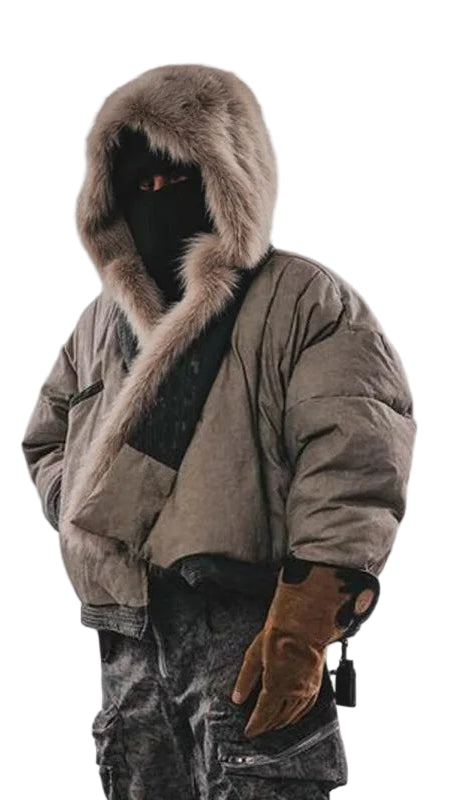 TEEK - Mens Techwear Detachable Fur Collar Robe Down Coat HK3367 JACKET theteekdotcom