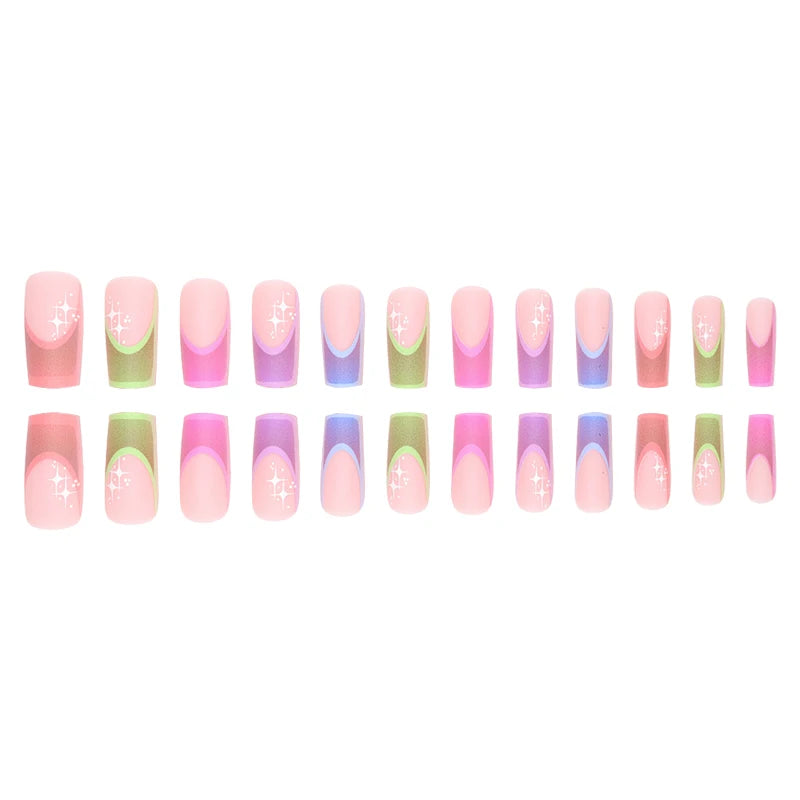 TEEK - 24 Pieces of Medium Coffin Multicolored French Fake Nails NAIL ART theteekdotcom   