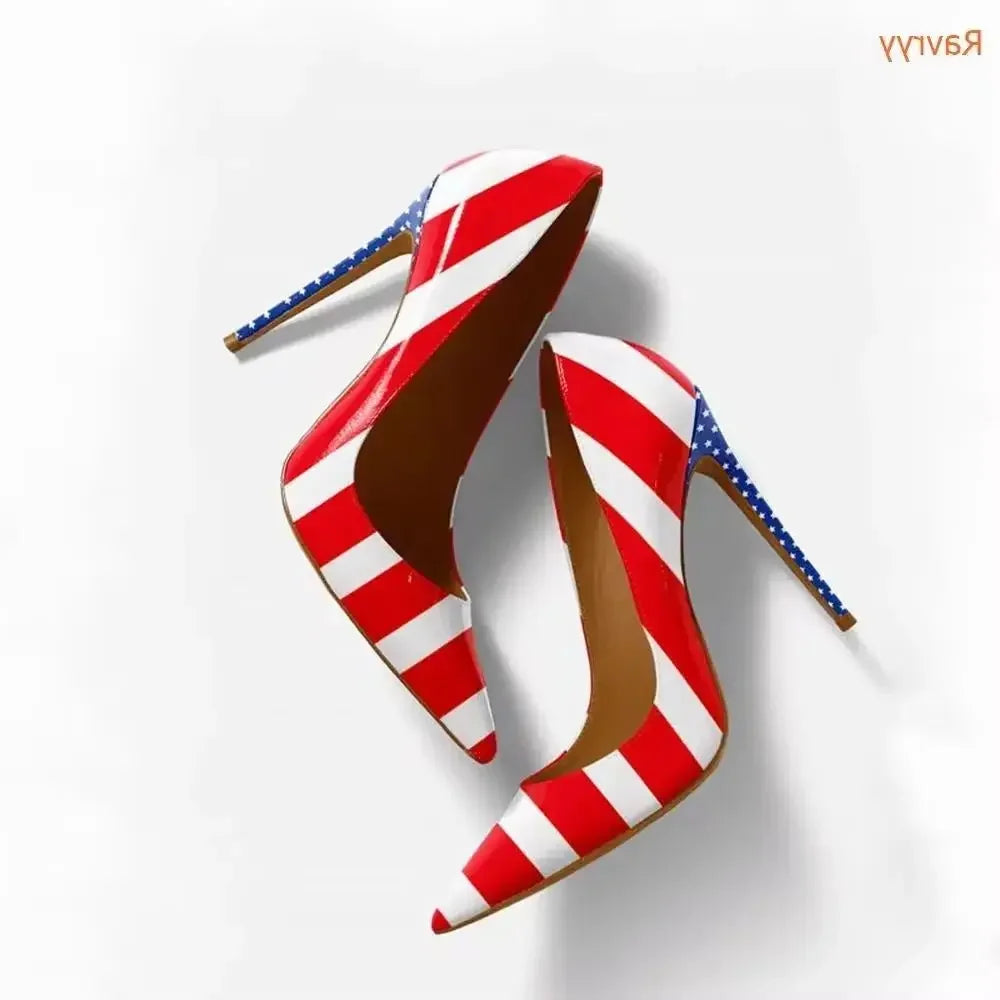 American Flag Prints Thin Heels Shoes Pointed Toe Patent Leather Women Shoes Slip On Pumps Shallow Party Fashion Shoes TEEK